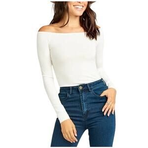 NWT Show Me Your Mumu Marnie Off Shoulder Ribbed White Long Sleeve Top Sz Small